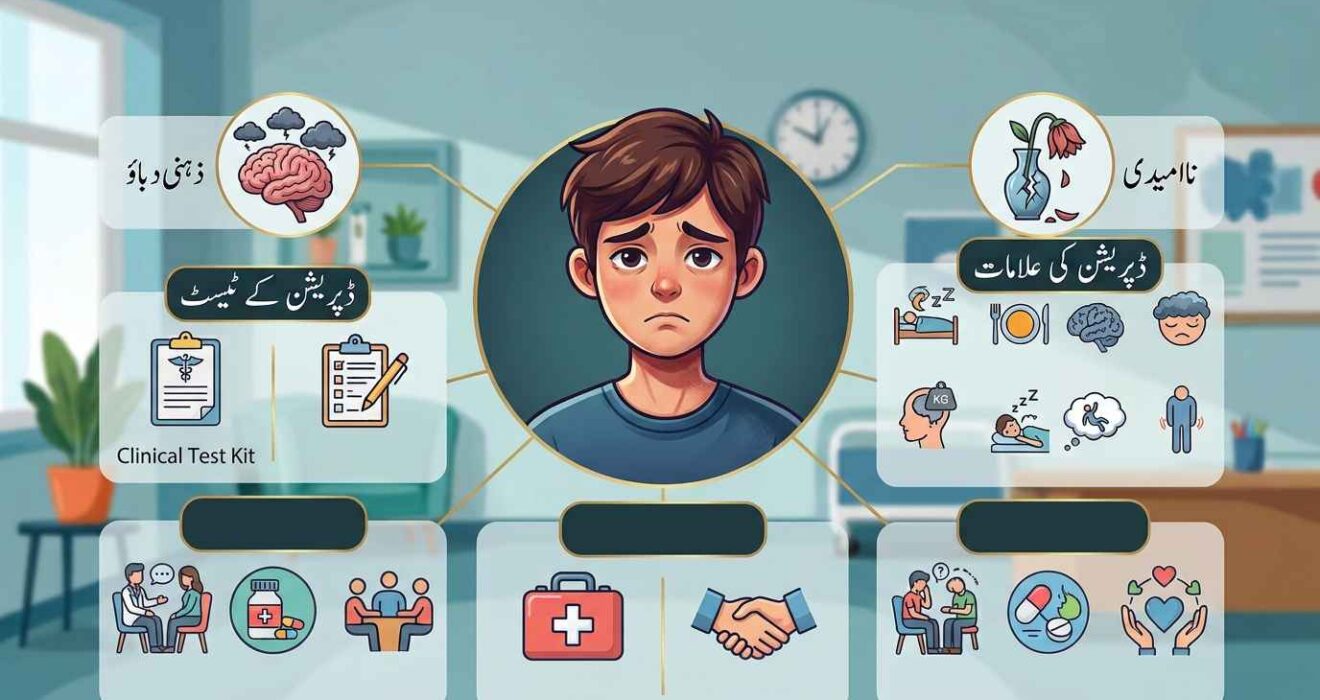 Depression meaning in Urdu: ڈپریشن کی علامات، ٹیسٹ اور علاج کی infographic